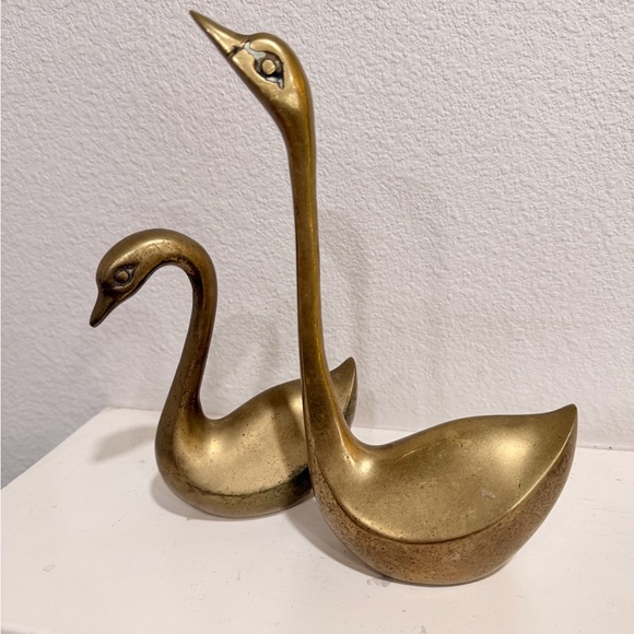 Vintage Brass Swan Figurines Pair ‎ Mid Century Modern Decor
